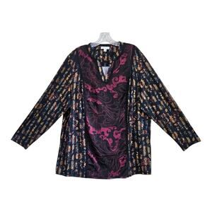 SUSAN GRAVER Women Plus 2X Tunic Blouse Black Burgundy Mixed Patterns Boho 52"